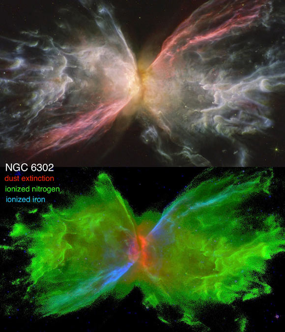The Butterfly Nebula: on top is an image captured by Hubble in 2019; further analysis by Kastner et al. produced the RGB image on the bottom, which shows extinction due to dust, as inferred from the relative strength of two hydrogen emission lines, as red; emission from nitrogen, relative to hydrogen, as green; and emission from iron as blue. Image credit: NASA / ESA / Hubble / STScI / J. Schmidt / Kastner et al.