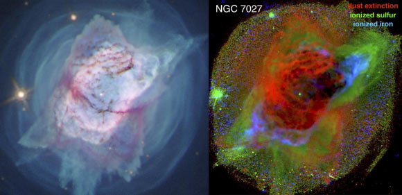 The Jewel Bug Nebula: on the left is an image captured by Hubble in 2019; further analysis by Moraga Baez et al. produced the RGB image on the right, which shows extinction due to dust, as inferred from the relative strength of two hydrogen emission lines, as red; emission from sulfur, relative to hydrogen, as green; and emission from iron as blue. Image credit: NASA / ESA / Hubble / STScI / Alyssa Pagan / Moraga Baez et al.