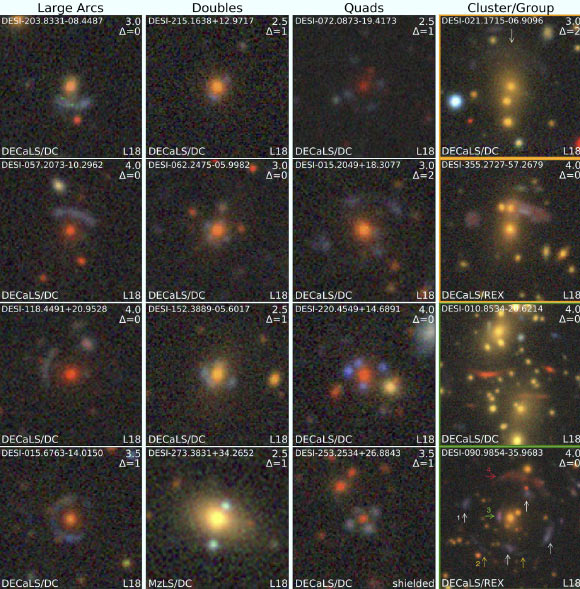 Sixteen of the 1,210 new lensing candidates found in the DESI Legacy Surveys data. Image credit: Huang et al., arXiv: 2005.04730.