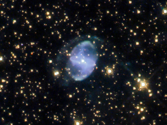 This Hubble image shows ESO 455-10, a planetary nebula located in the constellation of Scorpius. The color image is composed of near-infrared and optical observations from Hubble’s Wide Field Camera 3 (WFC3). Four filters were used to sample various wavelengths. The color results from assigning different hues to each monochromatic image associated with an individual filter. Image credit: NASA / ESA / Hubble / L. Stanghellini.