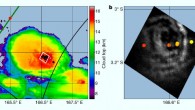 Blue jet: (a) the cloud-top altitude of the storm cell over the South Pacific on February 26, 2019, at 15:10 UTC, derived from the Japanese Himawari meteorological satellite data and from a radio sounding at Tarawa at a distance of approximately 700 km (435 miles); the green curve is the ISS orbit and the red marker its position at 15:10:05 UTC; the black curves identify the full field of view of the cameras projected to the Earth’s surface, and the white square is the cropped image, downloaded from the ISS and shown in (b); black markers are the lightning locations detected by the GLD360 network between 15:10:00 and 15:11:40 UTC; (b) the cropped, downlinked ASIM image (777.4 nm) of the cloud backlit by internal lightning; the source locations of the five blue flash events detected between 15:10:00 and 15:11:35 UTC are shown with colored markers, time progressing from red to yellow. The flash leading to a blue jet is event number 3. Image credit: Neubert et al., doi: 10.1038/s41586-020-03122-6.