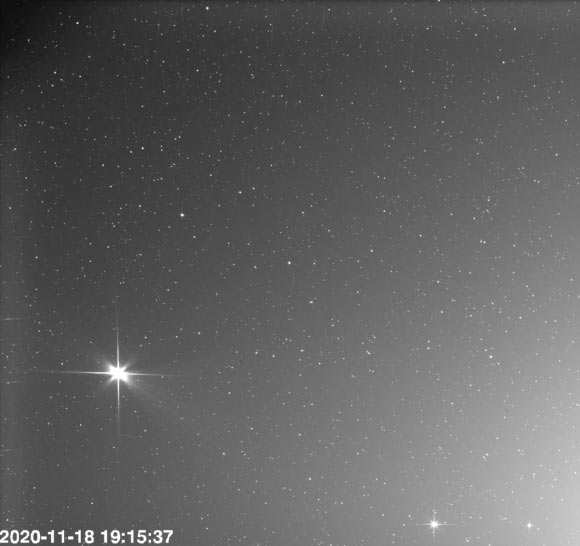 This image was captured on November 18, 2020, by the SoloHI camera on board Solar Orbiter. Venus (left), Earth (middle), and Mars (right) are visible in the foreground. Stars are visible in the background, appearing to move in Solar Orbiter’s recording while the spacecraft travels around the Sun. The Sun is located on the right, outside the video frame. Image credit: ESA / NASA / Solar Orbiter / SoloHI Team / U.S. Naval Research Laboratory.