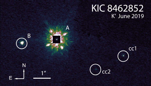 Keck/NIRC2 adaptive optics image of KIC 8462852A, KIC 8462852B, and candidate companions (cc1 and cc2). Image credit: Pearce et al., arXiv: 2101.06313.