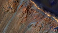 HiRISE camera view of Krupac crater on Mars featuring gullies along the rim and recurring slope lineae lower down the crater wall. Image credit: NASA / JPL / University of Arizona.