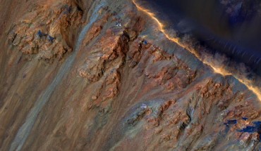 HiRISE camera view of Krupac crater on Mars featuring gullies along the rim and recurring slope lineae lower down the crater wall. Image credit: NASA / JPL / University of Arizona.
