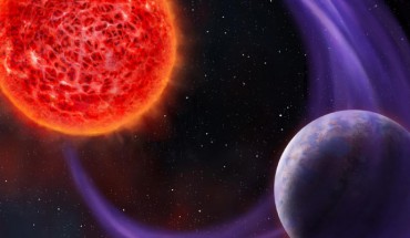 This is an artistic impression of a red dwarf star’s magnetic interaction with its exoplanet. Image credit: Danielle Futselaar, Artsource.nl.