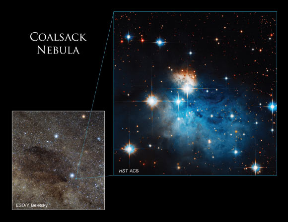 A wide-field, ground-based image of Caldwell 99 in the lower left shows the location of the protoplanetary nebula imaged by Hubble. Image credit: ESO / Y. Beletsky / NASA / ESA / R. Sahai, NASA’s Jet Propulsion Laboratory / Gladys Kober, NASA & Catholic University of America.