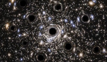 An artist’s impression of a group of stellar-mass black holes in the center of NGC 6397. Image credit: NASA / ESA / Hubble / N. Bartmann.