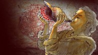 Reconstruction of the seashell horn being played. In the background, a red dotted buffalo decorates the walls of Marsoulas Cave; similar motifs decorate the instrument. Image credit: Gilles Tosello.