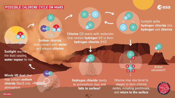 This graphic describes a possible new chemistry cycle on Mars following the discovery of hydrogen chloride in the Martian atmosphere. Salts in the form of sodium chloride (NaCl) are widespread on the surface of Mars. Winds lift this salty dust into the atmosphere. Sunlight warms the dusty atmosphere causing water vapor released from ice caps to rise. The salty dust reacts with atmospheric water to release chlorine (Cl), which itself then reacts with molecules containing hydrogen (H) to create hydrogen chloride (HCl). A similar process takes place on Earth: sea salt is blown into the air, and if it mixes with water vapor, chlorine becomes available for chemical reactions that form HCl. Further reactions could see the chlorine or hydrogen chloride-rich dust return to the surface of Mars perhaps as perchlorates, a class of salt made of oxygen and chlorine. HCl is observed to quickly appear and disappear from the atmosphere so it must be created and destroyed rapidly, with some fraction returned to the surface. The TGO observations suggest this might be an annual process driven by the changing seasons, specifically the warming of the southern hemisphere ice cap during southern summer, which releases water vapor into the atmosphere. The extra warmth also generates strong winds as air moves from warm to cool regions. In turn, the winds lift more dust, triggering regional and global dust storms. Image credit: ESA.