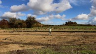 DigVentures archaeologist Ben Swain shows of the size of the largest roundhouse, with the hillfort in the background. Image credit: DigVentures.