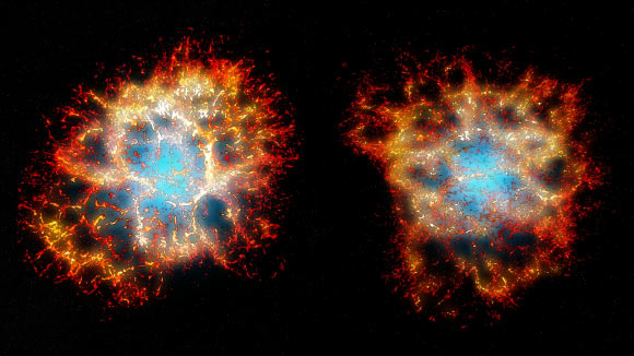 3D reconstruction of the Crab Nebula remnant as seen from Earth (left), and from another point of view showing its heart-shaped morphology (right). Image credit: Martin et al., doi: 10.1093/mnras/staa4046.