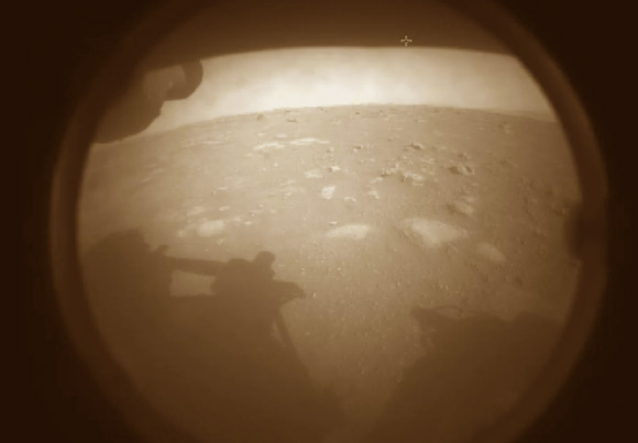 Perseverance’s first image (colorized) from Jezero Crater, Mars. Image credit: NASA’s Jet Propulsion Laboratory.