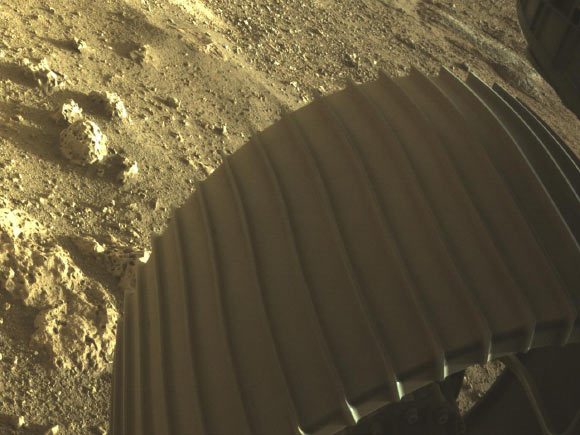 This high-resolution image shows one of the six wheels of NASA’s Perseverance Mars rover. Image credit: NASA / JPL-Caltech.