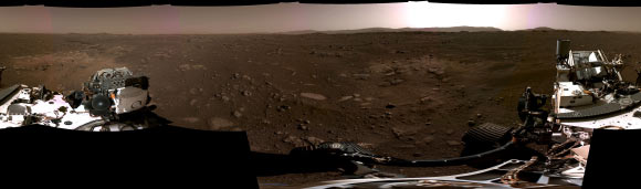 This panorama, taken on February 20, 2021, by the Navigation Cameras (Navcams) aboard NASA’s Perseverance Mars rover, was stitched together from six individual images after they were sent back to Earth. Image credit: NASA / JPL-Caltech.