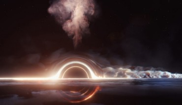 A view of the accretion disk around the supermassive black hole, with jet-like structures flowing away from the disk. The extreme mass of the black hole bends spacetime, allowing the far side of the accretion disc to be seen as an image above and below the black hole. Image credit: Science Communication Lab, DESY.