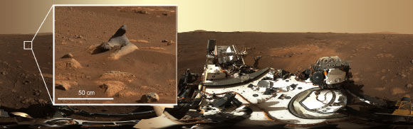 This wind-carved rock seen in first 360-degree panorama taken by the Mastcam-Z instrument shows just how much detail is captured by the camera systems. Image credit: NASA / JPL-Caltech / MSSS / ASU.