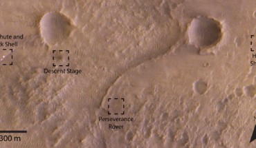 TGO spotted the Perseverance rover, along with its parachute and back shell, heat shield and descent stage, in the Jezero Crater region of Mars. Image credit: ESA / Roscosmos / CaSSIS / A. Valantinas.