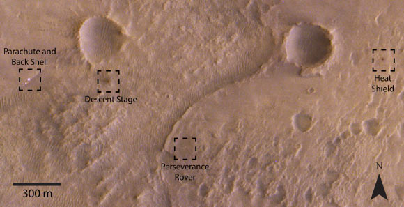TGO spotted the Perseverance rover, along with its parachute and back shell, heat shield and descent stage, in the Jezero Crater region of Mars. Image credit: ESA / Roscosmos / CaSSIS / A. Valantinas.