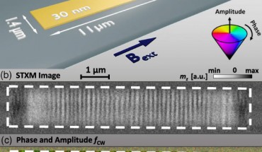 Träger et al. experimentally demonstrated a driven space-time crystal at room temperature: (a) sketch of the sample with one magnonic permalloy (Py) stripe and a coplanar waveguide; (b) snapshot of a time-resolved scanning transmission X-ray microscopy movie; the gray scale represents the mz component; (c) phase and amplitude map at fcw after FFT in time through each pixel of the scanning transmission X-ray microscopy movie; the color code shows the amplitude and phase information. Image credit: Träger et al., doi: 10.1103/PhysRevLett.126.057201.