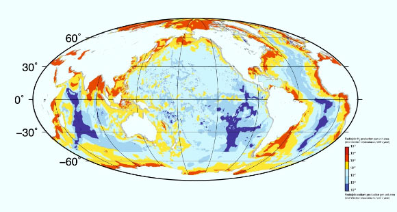 Global distribution of production rates of radiolytic hydrogen and radiolytic oxidants in marine sediment;  rates are expressed in mol electron equivalents/cm2/year; in electron equivalents, water radiolysis produces hydrogen and oxidized chemicals at equal rates; although abyssal clay has a volumetric radiolytic production rate an order of magnitude higher than the volumetric rate for continental-margin sediment types, the sediment layer that blankets open-ocean regions is much thinner and consequently has much lower vertically integrated radiolytic production than the sediment of continental margins. Image credit: Sauvage et al., doi: 10.1038/s41467-021-21218-z.