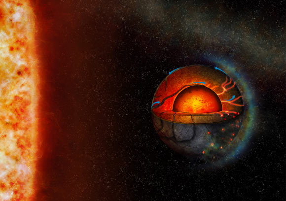 This illustration shows the possible interior dynamics of the hot super-Earth LHS 3844b. Image credit: Thibaut Roger / University of Bern.