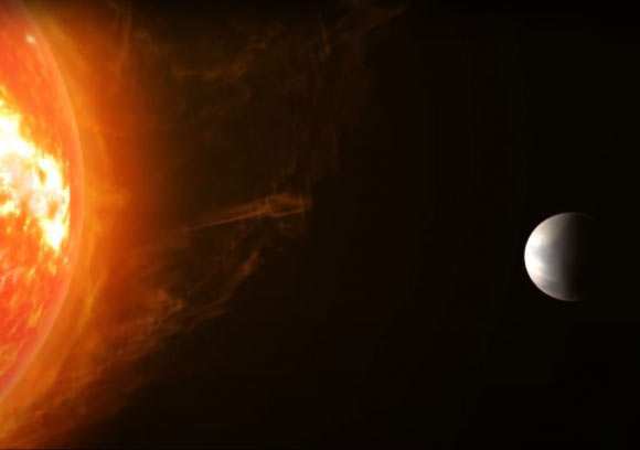 An artist’s impression of the super-Earth Gliese 486b and its red dwarf star. Image credit: RenderArea, https://renderarea.com.