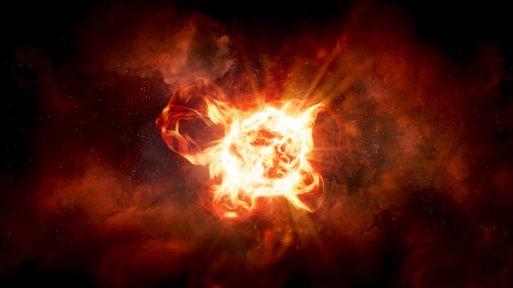 This artist’s impression of the red hypergiant VY Canis Majoris shows the star’s vast convection cells and violent ejections. Image credit: NASA / ESA / Hubble / R. Humphreys, University of Minnesota / J. Olmsted, STScI.