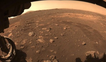 This image was captured while Perseverance drove on Mars for the first time on March 4, 2021. One of Perseverance’s Hazard Avoidance Cameras (Hazcams) captured this image as the rover completed a short traverse and turn from its landing site in Jezero Crater. Image credit: NASA / JPL-Caltech.