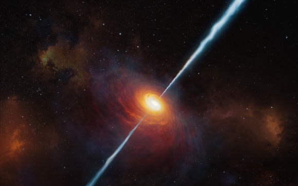 This artist’s impression shows how the distant quasar PSO J172.3556+18.7734 and its radio jets may have looked. Image credit: M. Kornmesser / ESO.