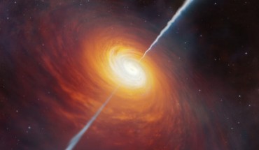 This artist’s impression shows how the distant quasar PSO J172.3556+18.7734 and its radio jets may have looked. Image credit: M. Kornmesser / ESO.