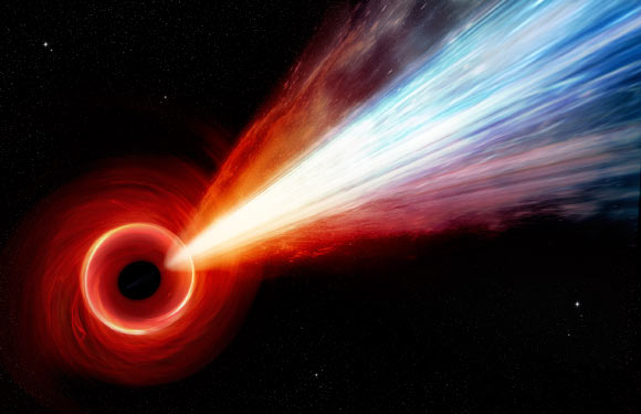 An artist’s illustration of a close-up view of a quasar and its jet, like the one in PJ352-52. Image credit: NASA / CXC / M. Weiss.