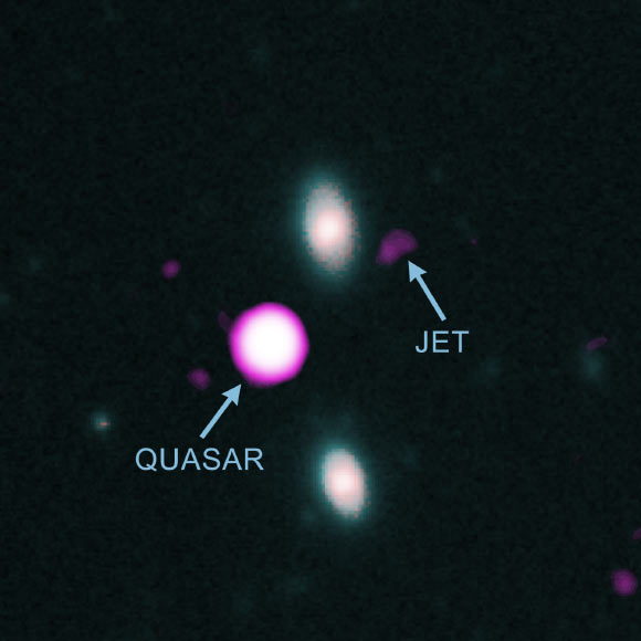 This image shows X-ray data from Chandra of PJ352-15, along with optical and infrared data from the Gemini-North telescope and the Keck I telescope, respectively. Image credit: NASA / CXO / JPL / T. Connor / Gemini / NOIRLab / NSF / AURA / W.M. Keck Observatory.