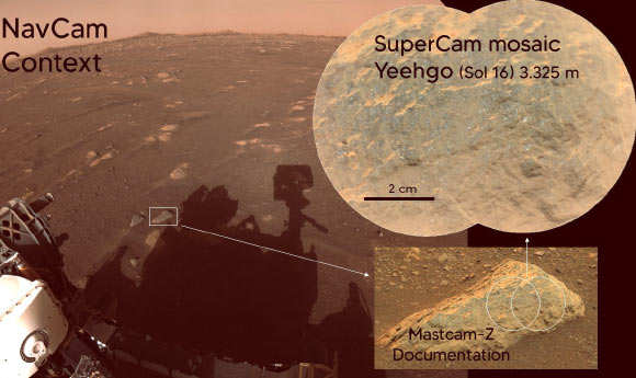 This mosaic (upper right) shows a close-up view of the rock target named ‘Yeehgo’ from the SuperCam instrument on NASA’s Perseverance rover on Mars. The component images were taken by SuperCam’s Remote Micro-Imager (RMI) on March 7, 2021. To be compatible with the rover’s software, ‘Yeehgo’ is an alternative spelling of ‘Yéigo,’ the Navajo word for diligent. The target is 3.325 m (10.9 feet) from the rover. Each of the two images in the mosaic shows a field of view 6.2 cm (2.5 inches) in diameter. Perseverance’s Navigation Cameras (Nav Cam) and Mastcam-Z instrument also took images of that area at the same time to provide multiple views of the rock target. Image credit: NASA / JPL-Caltech / LANL / CNES / CNRS / ASU / MSSS.