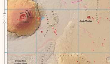 The map of Tharsis region of Mars from the Pocket Atlas of Mars 36. Image credit: NASA / JPL / GSFC / ESA / DLR / FU / H. Hargitai.
