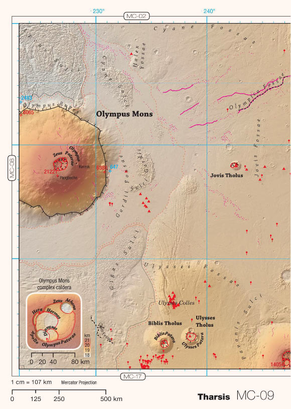 The map of Tharsis region of Mars from the Pocket Atlas of Mars 36. Image credit: NASA / JPL / GSFC / ESA / DLR / FU / H. Hargitai.