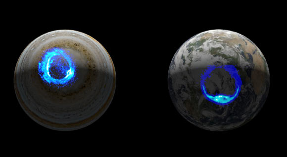 This illustration depicts ultraviolet polar aurorae on Jupiter and Earth. Image credit: NASA / JPL-Caltech / SwRI / UVS / STScI / MODIS / WIC / IMAGE / University of Liège.