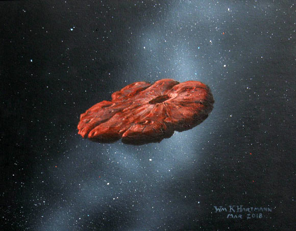An artist’s impression of ‘Oumuamua as a piece of nearly pure nitrogen ice. Image credit: William Hartmann / Arizona State University.