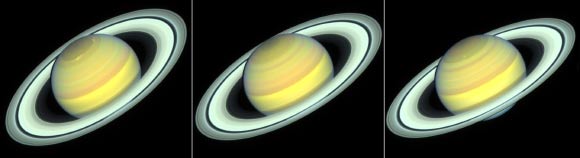 Hubble images of Saturn taken in 2018, 2019, and 2020 as the planet’s northern hemisphere summer transitions to fall. Image credit: NASA / ESA / STScI / A. Simon / R. Roth.