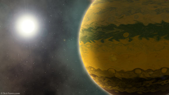 An artist’s impression of the warm giant exoplanet TOI-201b and its parent star. Image credit: Sci-News.com.
