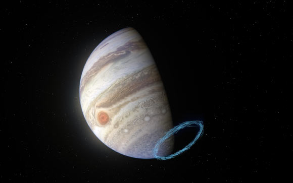 This image shows an artist’s impression of winds in Jupiter’s stratosphere near the planet’s south pole, with the blue lines representing wind speeds; these lines are superimposed on a real image of Jupiter, taken by the JunoCam imager aboard NASA’s Juno spacecraft. Image credit: ESO / L. Calçada / NASA / JPL-Caltech / SwRI / MSSS.