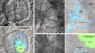 Visible images with sketch maps showing major geologic features within as-yet unnamed crater mapped by Boatwright & Head: (a) the 54-km-diameter crater in the southern highlands of Mars (20.3°S, 42.6°E); no inlet or outlet breaches are observed; ridge networks (blue) begin near the crater wall base, where they are coincident with upslope-facing scarps (dashed lines) and crater wall alcoves; ridges terminate in two paleolake basins (cyan and green); (b) morphology of the eastern ridge network transitions downslope from dense proximal ridges to more widely spaced medial ridges; several medial ridges then converge into a single trunk ridge; (c) the southern ridge network terminates at three separate points along the margin of basin II. One of the ridges also displays an anabranching morphology. Image credit: Boatwright & Head, doi: 10.3847/PSJ/abe773.