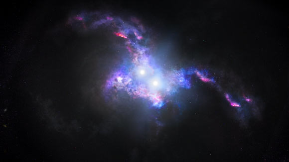 This artist’s conception shows the brilliant light of two quasars residing in the cores of two galaxies that are in the chaotic process of merging. Image credit: NASA / ESA / J. Olmsted, STScI.