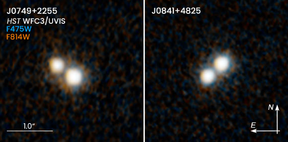These Hubble images show two pairs of quasars: J0749+2255 and J0841+4825. Image credit: NASA / ESA / Hubble / H. Hwang & N. Zakamska, Johns Hopkins University / Y. Shen, University of Illinois, Urbana-Champaign.