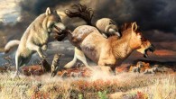 Gray wolves take down a horse on the mammoth-steppe habitat of Beringia during the Late Pleistocene, around 25,000 years ago. Image credit: Julius Csotonyi.