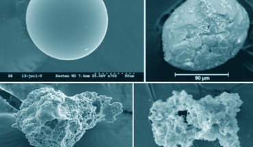 These SEM images show cosmic spherules and unmelted micrometeorites from the CONCORDIA collection, from left to right, top to bottom: glassy cosmic spherule, stony cosmic spherule, partially melted micrometeorite, unmelted fine-grained micrometeorite. Image credit: Rojas et al., doi: 10.1016/j.epsl.2021.116794.