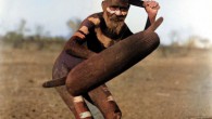 Australian Luritja man demonstrating method of attack with boomerang under cover of shield, c. 1920. Image credit: National Museum of Australia.