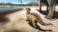 A life reconstruction of the stegosaur trackmakers and paleoenvironment 110 million years ago. Image credit: Kaitoge.
