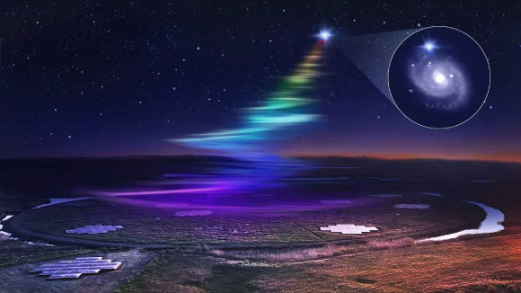 A burst from FRB 180916 arrives at the LOFAR telescope; the higher frequency radio waves (purple) arrive earlier than the lower frequency radio waves (red); the inset shows an optical image from the host galaxy of the fast radio burst source and the position of the source in the host galaxy. Image credit: D. Futselaar / S.P. Tendulkar / ASTRON.