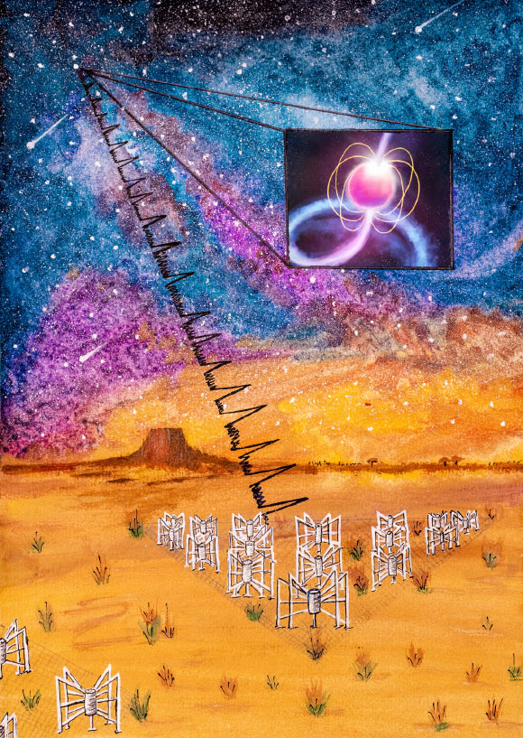An artist’s impression of one of 256 tiles of the Murchison Widefield Array observing a pulsar. Image credit: Dilpreet Kaur / ICRAR / Curtin University.